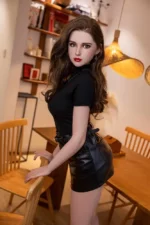 Janet popular sex doll dressed in trendy black top and leather skirt