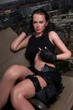 Charly realistic lovedoll in tactical black outfit lying pose