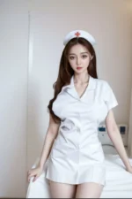 full-size sexy doll in nurse cosplay outfit sitting on bed