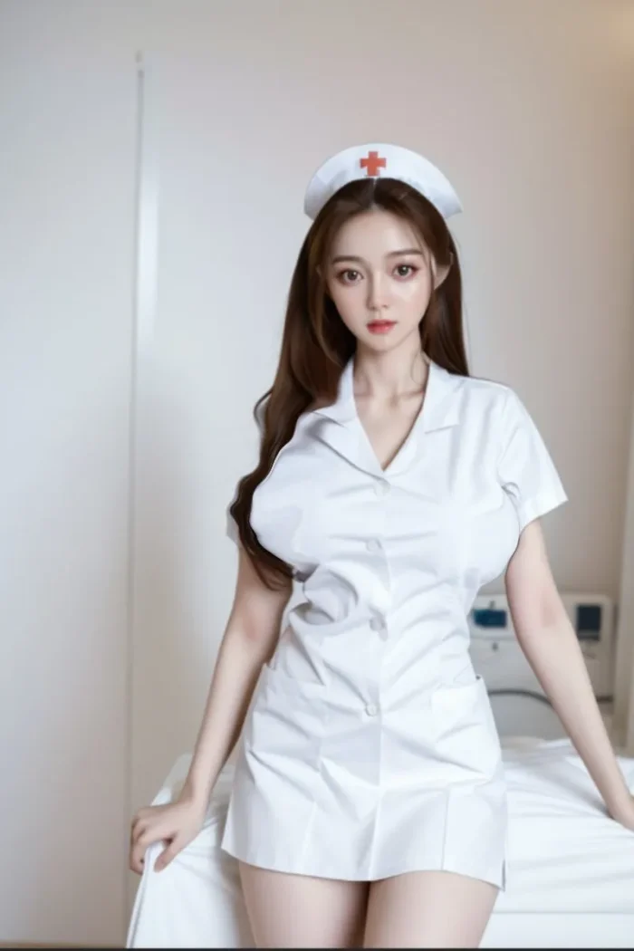 full-size sexy doll in nurse cosplay outfit sitting on bed