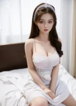 sex doll real life model with white camisole and long brown hair on bed