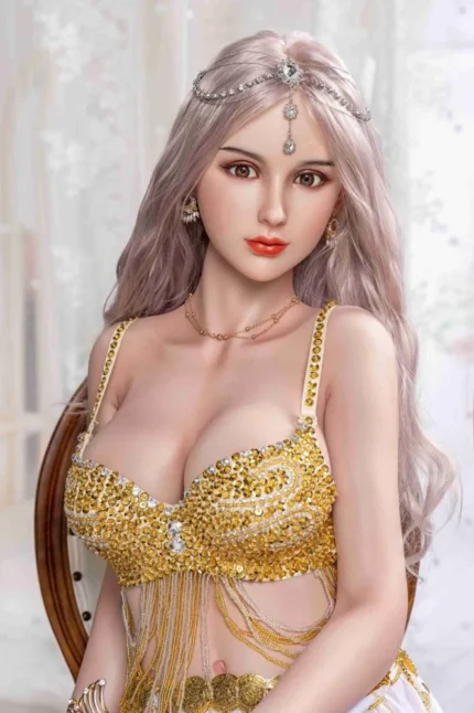 best sex robot scarlett with silicone head and glitter bra posing gracefully