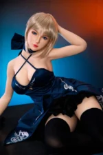 Sexy love doll in black thigh-highs and sword, seated on table
