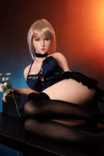 Fantasy style sex doll in black outfit holding flower on table