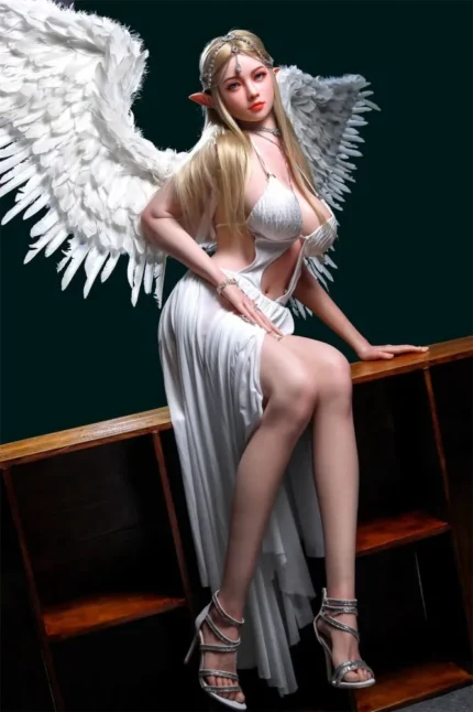 Side view of busty elf sex doll with angel wings in white outfit – MyDollX