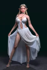Full-body view of sexy elf doll in flowing gown with long legs – MyDollX